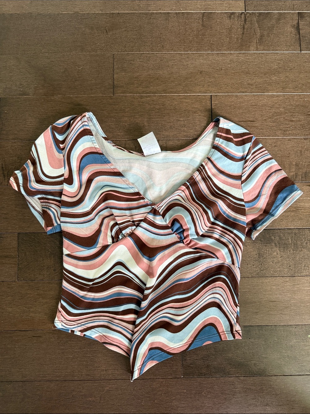 No Boundaries Retro Swirl V-Neck Crop Top - Brown, Pink, Blue, Cream